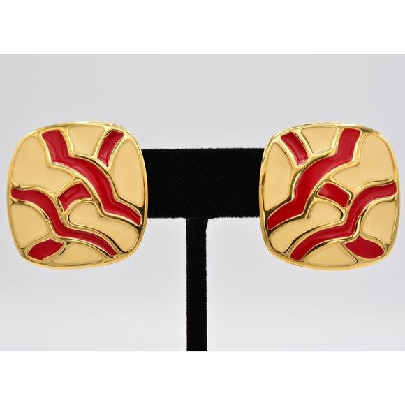 Monet Vintage Earrings Red Off White Cream Enamel Gold Chunky Tone 1970s BinAO - Picture 1 of 12